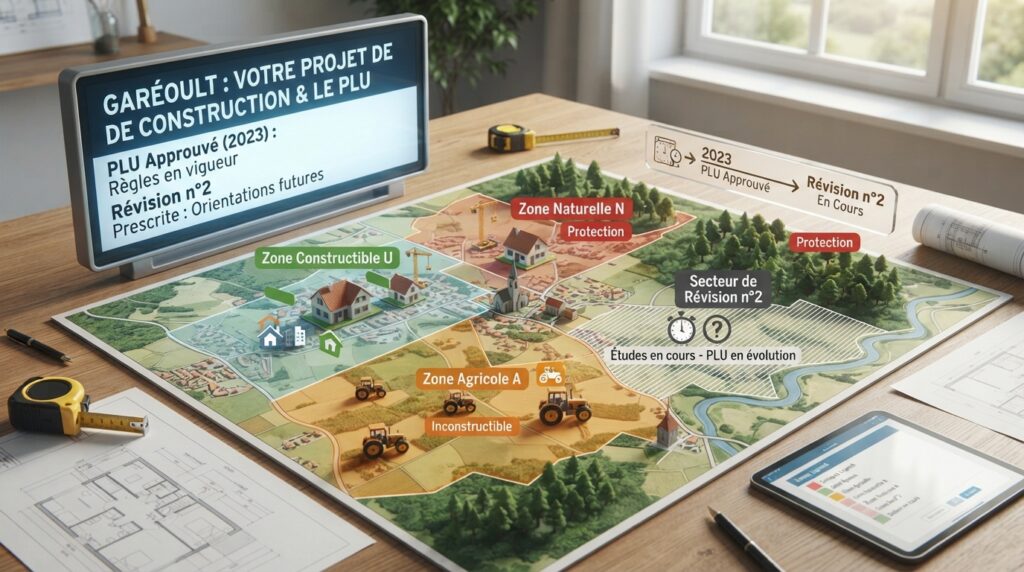 Plan schématique de Garéoult illustrant les secteurs résidentiels et les changements du PLU