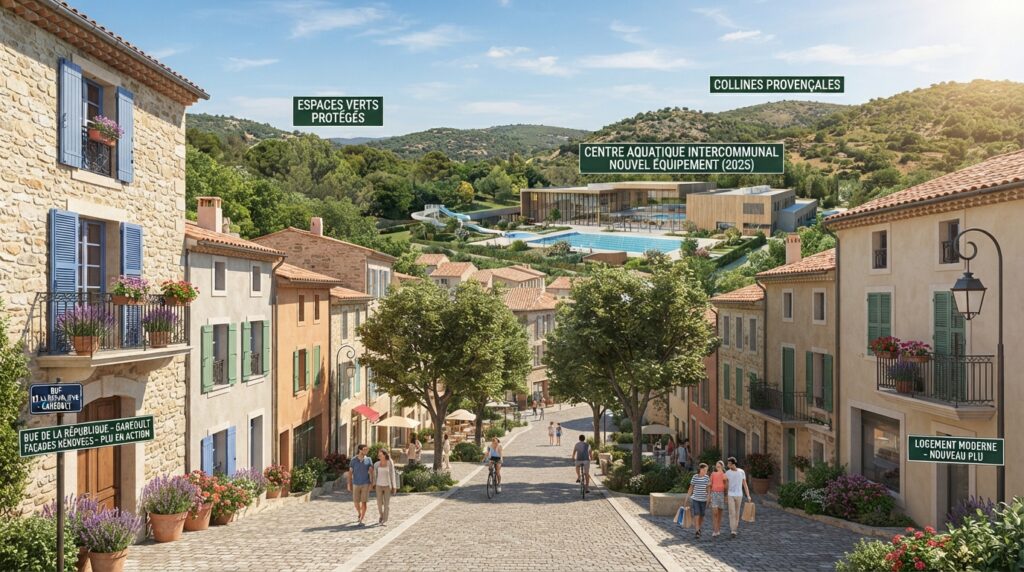 Illustration d'un village provençal avec espaces naturels, centre aquatique et façades rénovées.