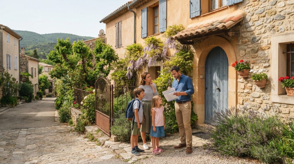 Famille examinant une maison avec checklist dans un cadre résidentiel provençal