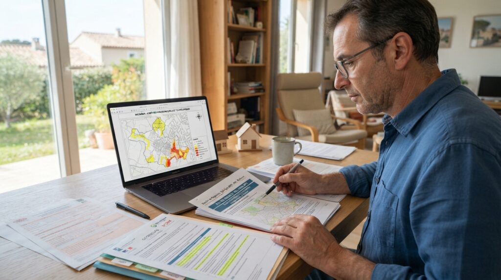 Personne examinant des documents de risques immobiliers devant une carte de Rocbaron affichée sur un écran