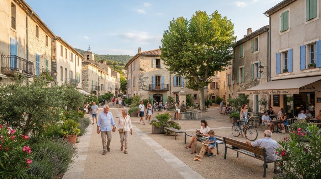 Place de village réaménagée avec piétons et végétation, ambiance conviviale